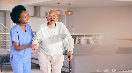 Image of Nurse, portrait and senior black woman with cane, help and smile in home. Caregiver, support and elderly patient with a disability, walking stick and kindness in assistance, empathy and healthcare