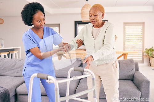 Image of Doctor, senior woman and walking frame for support, healthcare service and helping with balance and disability. Medical physiotherapist, caregiver or nurse with african elderly patient in living room