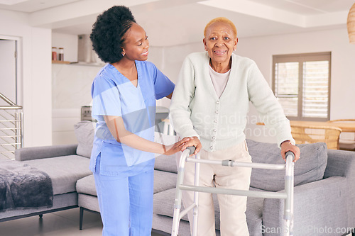 Image of Nurse, elderly woman and walking frame for support, healthcare service and health portrait at home. Medical physiotherapy, doctor helping and african elderly patient with disability in living room