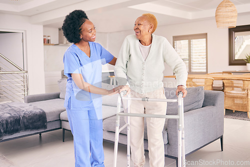 Image of Nurse, senior woman and walking frame for homecare, healthcare service and muscle health and disability support. Medical physiotherapy, doctor helping and african elderly patient in living room