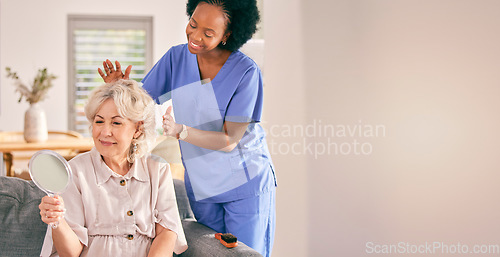 Image of Nurse, senior woman and hair care by mirror in home living, happy for reflection or mockup space. Caregiver, hairstyle or elderly person in house on couch for beauty, aesthetic hairdresser and health