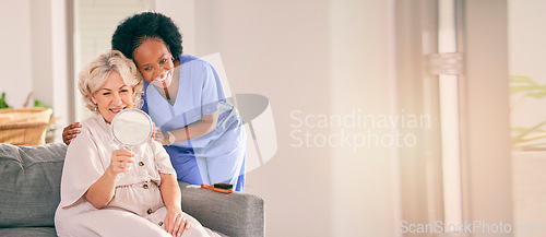 Image of Elderly woman, nurse and hair care on mirror in home living, happy for reflection or mockup space. Caregiver, hairstyle or senior person in house on couch for beauty, aesthetic hairdresser and health