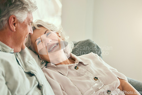 Image of Love, happy or old couple smile in home living room bonding together to relax on holiday with support or trust. Retirement, hug or senior man laughing with a mature woman with joy or care in marriage