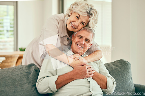 Image of Portrait, smile or old couple hug in house living room bonding together to relax on holiday for love. Support, happy or senior man in retirement with a mature woman with trust or care in marriage