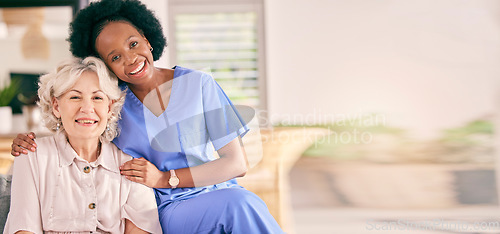 Image of Happy, woman and a caregiver for home banner, healthcare or medical support with mockup space. Smile, career and portrait of an African nurse with a senior patient for helping in a house and service