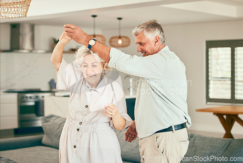 Image of Holding hands, relax or happy old couple dancing for love or fun in marriage at home together. Joy, romantic elderly man or senior woman bonding with smile or care in retirement or house living room