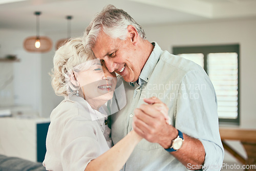 Image of Holding hands, smile or happy old couple dancing for love or joy in marriage at home together. Hug, romantic elderly man or senior woman bonding with smile or care in retirement or house living room