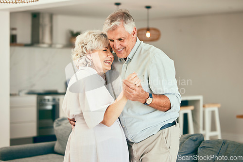 Image of Holding hands, home or happy old couple dancing for love or trust in marriage at home together. Hug, romantic elderly man or senior woman bonding with smile or care in retirement or house living room