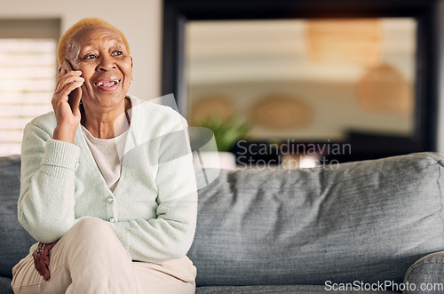 Image of Phone call, senior woman and living room with conversation and communication in a home. Retirement, African elderly female person and mobile discussion on a lounge sofa with contact and talking