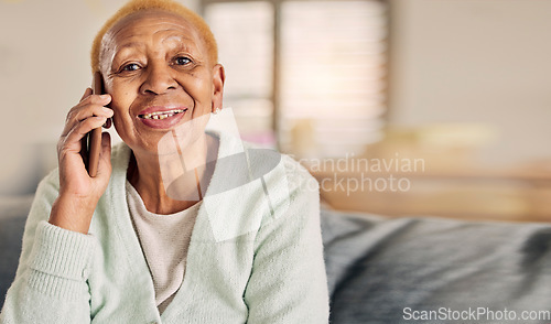 Image of Phone call, senior woman portrait and living room with conversation and communication in a home. Retirement, African elderly person and mobile discussion on a lounge sofa with contact and talking