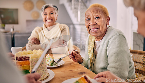 Image of Cake, conversation and senior people eating at a tea party or event in dining room at a house. Fun, talking and group of elderly friends enjoying dessert or sweet snack together in retirement home.