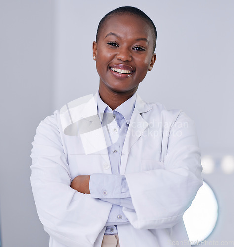 Image of Black woman, portrait and scientist with arms crossed in lab, office and confidence for research, study and phd work. Science, laboratory and African expert with innovation in biology or chemistry