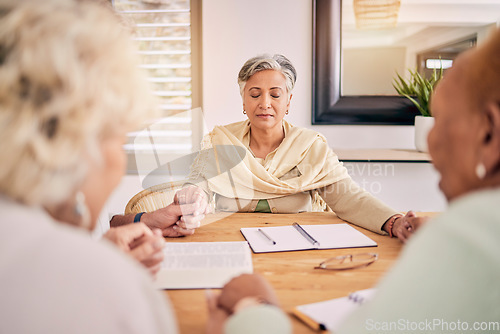 Image of Senior people, group prayer and holding hands at table together, support and worship Holy Spirit, Jesus Christ and God. Elderly friends, religion and gratitude in home, hope and spiritual faith.