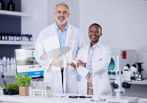 Image of Portrait, scientist team and people with arms crossed in laboratory for research, work and experiment of plants. Happy, science doctor and confident medical professional, student and mentor together