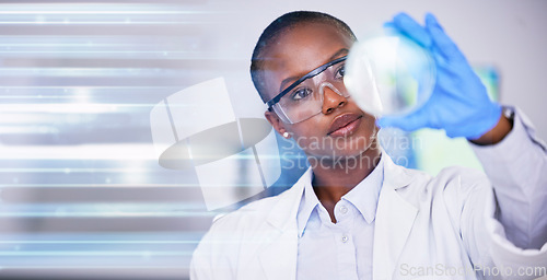 Image of Science, black woman in lab and study of nature mockup, future technology and research in biotech. African scientist, vision and laboratory innovation in pharmaceutical study, development and growth.