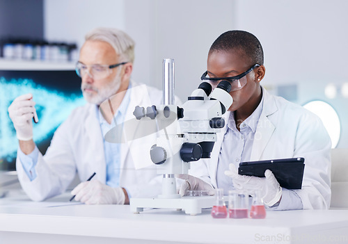 Image of Science, laboratory and black woman with microscope, tablet and man with blood sample, test tube and medicine. Professional scientist team with study on virus growth, dna and analysis in lab together