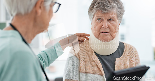 Image of Doctor, tablet or patient in neck brace in consultation talking about results or planning rehabilitation in hospital. Advice, online or senior caregiver speaking to old woman with injury or accident