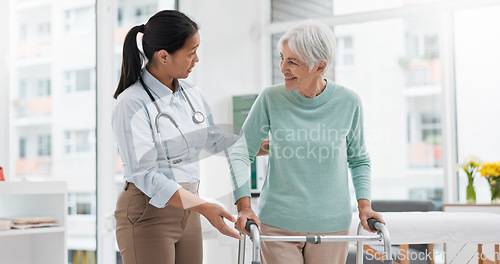 Image of Rehabilitation, walker or doctor walking with old woman in retirement or hospital for wellness or support. Physio, nurse helping or elderly patient learning with frame in physical therapy recovery