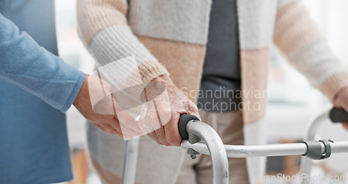 Image of Hands, walker or caregiver with patient in rehabilitation or hospital for nursing, healing or support closeup. Learning, nurse helping or person with walking frame in physical therapy recovery