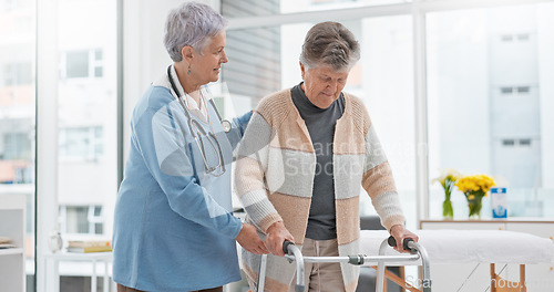 Image of Rehabilitation, walker or doctor nursing old woman in retirement or hospital for wellness or support. Learning, caregiver helping or elderly patient with walking frame in physical therapy recovery