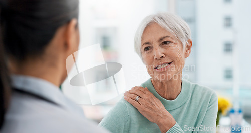 Image of Consulting, shoulder pain and medical with doctor and old woman for physical therapy, advice and injury. Medicine, healthcare and results with patient in hospital for help, check and rehabilitation