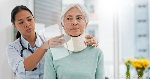 Image of Doctor, senior woman and neck brace after injury, accident or hospital emergency. Medical professional, elderly person and collar in consultation for healthcare, wellness or healing in rehabilitation