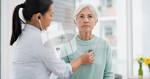 Image of Old woman, doctor or stethoscope to check heartbeat or breathing and health of elderly patient in hospital. Consultation, listening or nurse with a senior patient for healthcare or wellness in clinic