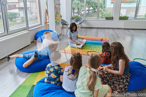 Image of Reading time in an elementary school or kindergarten, a teacher reading a book to children in an elementary school or kindergarten. The concept of pre-school education. Selective focus