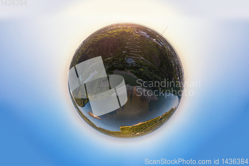 Image of Planet spherical panorama 360 of summer roads and river in Barnaul city