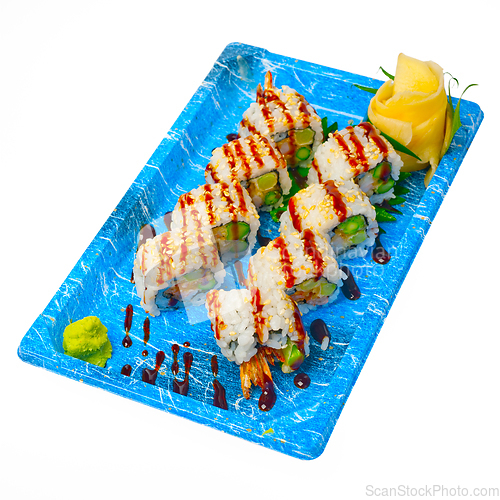 Image of take away sushi express on plastic tray