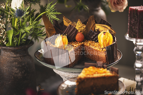 Image of Still life of layered chocolate mousse cake