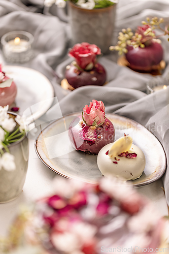 Image of Still life of beautiful mousse cakes