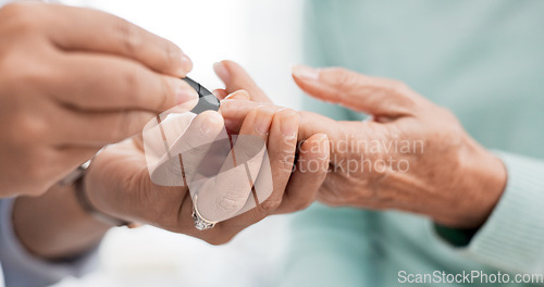 Image of Hands, diabetes test and a doctor with a patient for a healthcare check with a finger prick. Closeup, service and a nurse with a person and machine for sugar or glucose exam from a blood sample