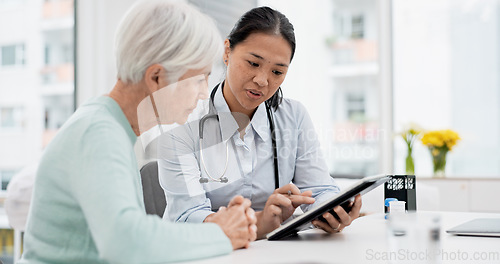 Image of Results, tablet and senior woman with doctor talking about healthcare data, report or communication in elderly care or consultation. Patient, nurse and advice in meeting with medical worker or expert