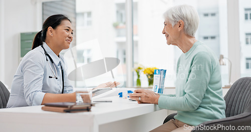 Image of Medical consultation, tablet and senior woman, doctor and talk to patient, explain hospital services or healthcare insurance. Chat, results or cardiology worker consulting, advice or help old person