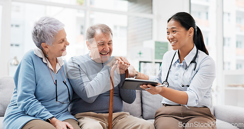 Image of Healthcare, doctor tablet and senior couple with digital results in retirement home with caregiver support. Nursing, technology and online information with communication and elderly patient with talk