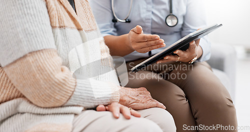 Image of Healthcare, tablet and senior person with digital results in retirement home with caregiver support. Nursing, technology and online information with communication and elderly patient with nurse