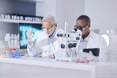 Image of Black woman, man and microscope in lab with blood sample, tablet and test tube for medical study. Scientist team in laboratory for digital report, research and innovation in dna technology in science