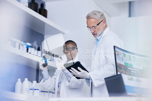 Image of Science, black woman and man with tablet in laboratory for inventory list of chemicals for biotech research. Scientist team in lab with digital checklist for stock of pharmaceutical product in study.