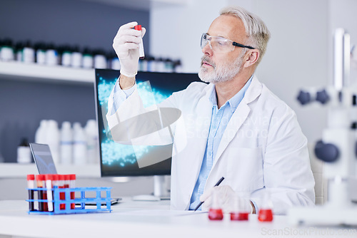 Image of Science, blood sample and man with test tube in laboratory for research, medical study and DNA exam. Healthcare, pharmaceutical and senior scientist with vial for data analysis, medicine and biology