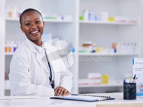 Image of Pharmacist portrait, woman and counter for healthcare, medicine and clinic solution, services and support. Happy african person in pharmacy for drugs, medical product and inventory or retail mindset