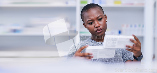 Image of Pharmacy, product choice and black woman, customer or client reading pills box label, instruction or medication. Mockup space, supplements comparison and African person with medicine brand decision