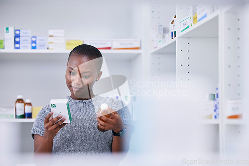 Image of Pharmacy, medicine container or black woman choice, decision or reading pills label, bottle information or vitamin box. Hospital clinic, medical brand comparison or African client check drugs package