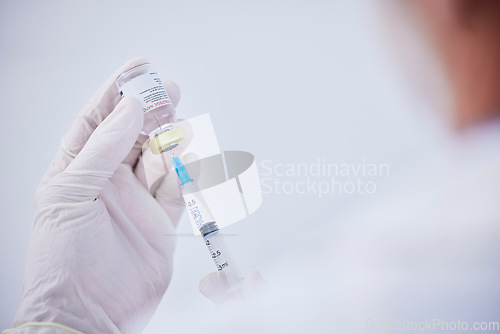 Image of Vaccine bottle, needle and hands of doctor for safety, healthcare and pharmaceutical medicine. Closeup, virus injection and nurse prepare vaccination with vial, medical drugs and immunity in clinic