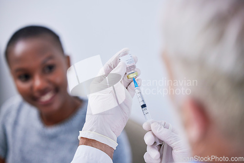 Image of Bottle, needle and hands of doctor with patient for safety, healthcare and pharmaceutical medicine. Closeup, virus injection and prepare vaccination with vial for medical immunity of woman in clinic