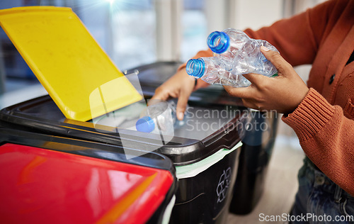 Image of Plastic, recycle and hands of person with bottle in bin for eco friendly, reuse and renewable material. Sustainability, environment and woman with recycling box to reduce waste, litter and garbage