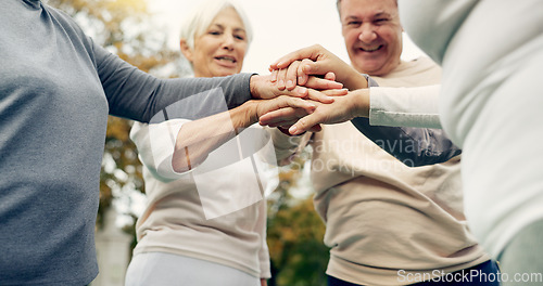 Image of Hands stacked, senior and people in nature for motivation, support and team building in retirement. Excited, together and group of elderly friends with gesture for solidarity and community at a park