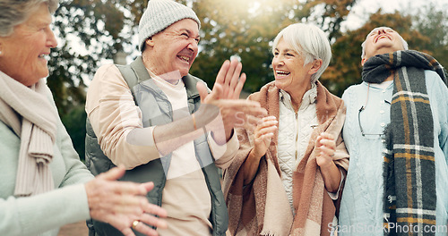 Image of Excited, singing and senior people in nature for camping, happiness and bonding together. Smile, dance and face portrait of elderly friends, man and women having fun with a celebration in a park