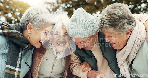 Image of Excited, singing and senior people in nature for camping, happiness and bonding together. Smile, dance and face portrait of elderly friends, man and women having fun with a celebration in a park