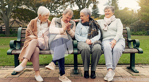 Image of Conversation, bonding and senior friends in a park sitting on bench for fresh air together. Happy, smile and group of elderly people in retirement in discussion or talking in an outdoor green garden.